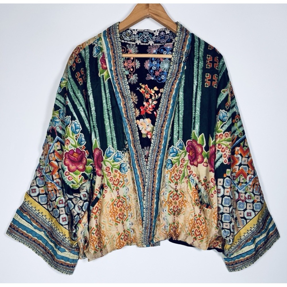 Johnny Was Reversible Silk Kimono Jacket XL Black Colorful Embroidered Floral - Picture 2 of 16